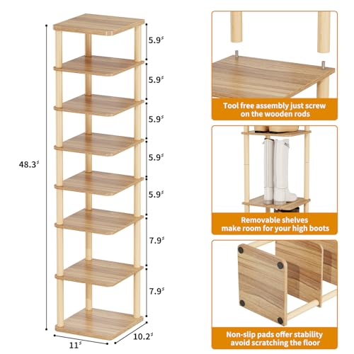 LUCKNOCK Vertical Shoe Rack, 8-Tier Tall Narrow Shoe Organizer for Entryway, Closet, Dorm & Small Spaces, Freestanding Wooden Shoe Shelf Tower for Boots, Sneakers, Heels. (Walnut) - Image 3