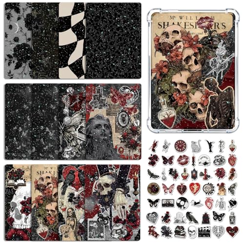 Rngmsi Insert Cardstock for Clear Case - 12Pcs Dark Romance Cardstock Inserts Compatible with Kindle Paperwhite 11th-12th, 50Pcs Skull Rose Stickers for E-Reader Clear Back Cover Accessories - Image 1