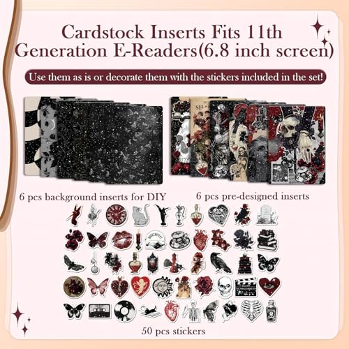Rngmsi Insert Cardstock for Clear Case - 12Pcs Dark Romance Cardstock Inserts Compatible with Kindle Paperwhite 11th-12th, 50Pcs Skull Rose Stickers for E-Reader Clear Back Cover Accessories - Image 3