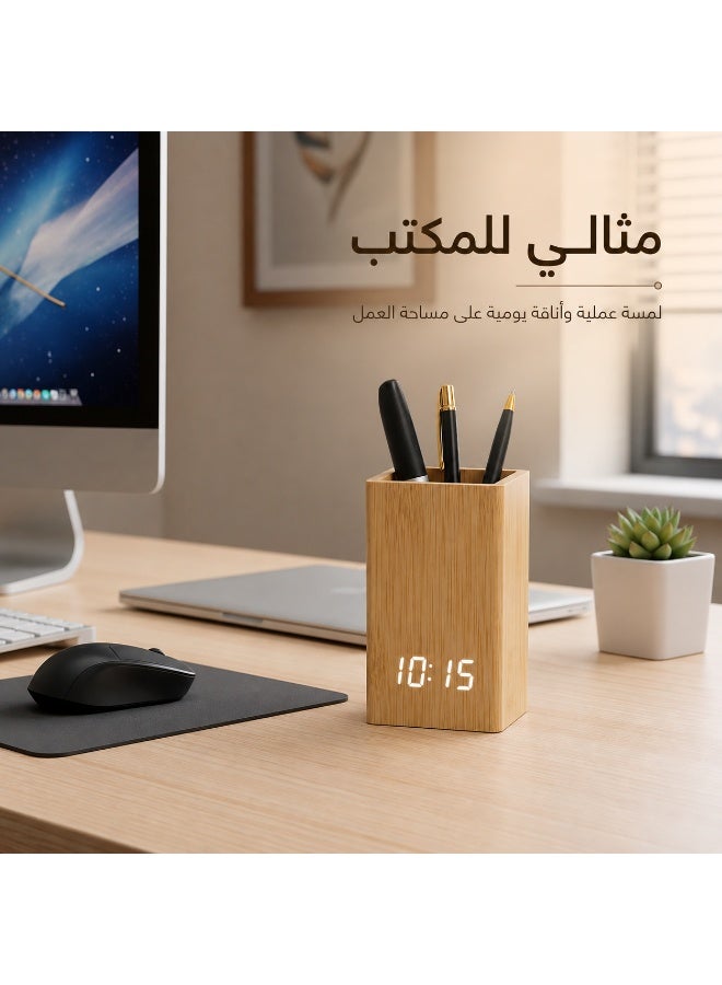 منظم أقلام مكتبي بساعة رقمية LED – حامل أقلام بتصميم بامبو لعرض الوقت والتاريخ ودرجة الحرارة – 3 منبهات وتنشيط بالصوت ونظام 12/24 ساعة للمكتب والدراسة - Image 4