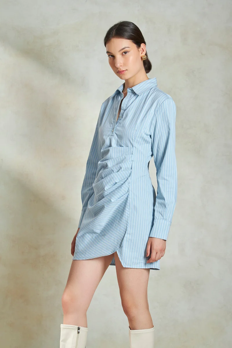 Virgio  Stripes Cotton Striped Mini Dress With Pleats for Women for Women | Best Price UAE