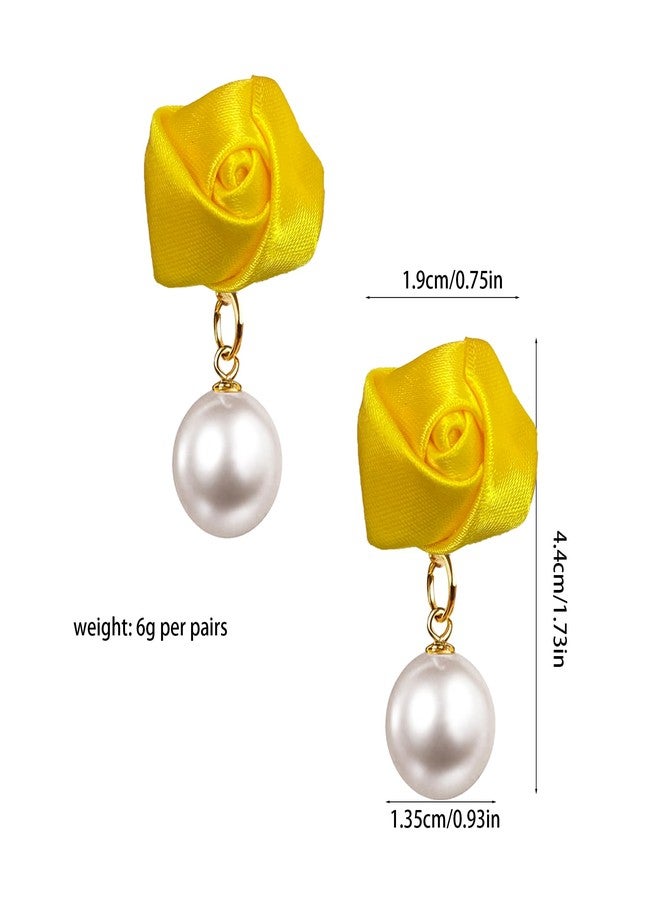 YUNXI Lightweight Fabric Rose Pearl Stud Earrings Floral Pearl Flower Studs Dainty Boho Earrings for Women (Yellow) - Image 4