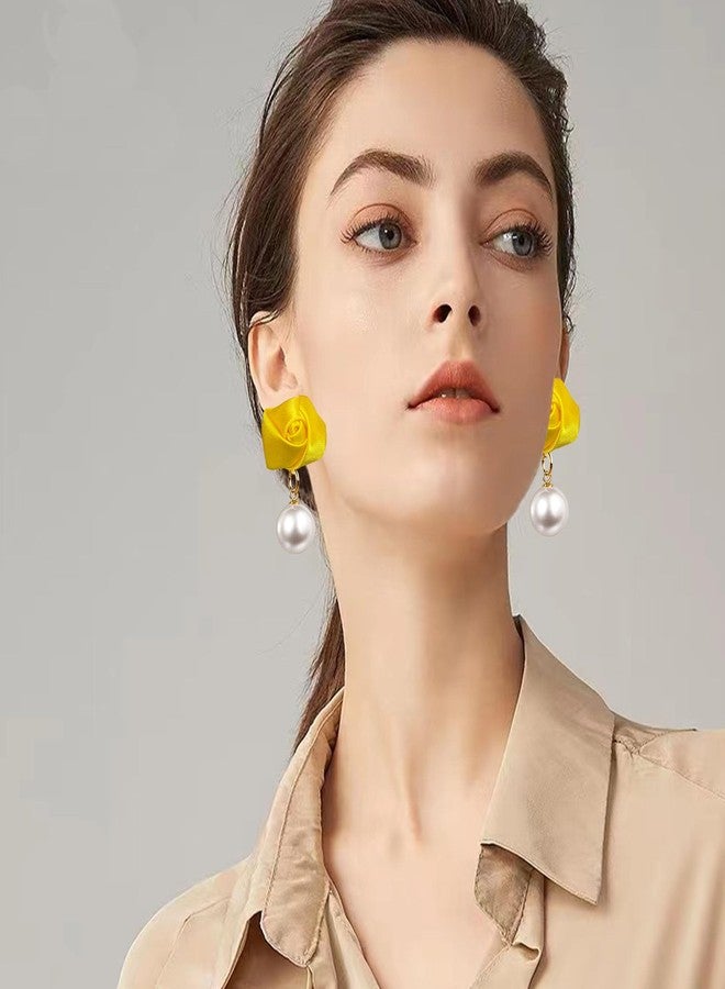 YUNXI Lightweight Fabric Rose Pearl Stud Earrings Floral Pearl Flower Studs Dainty Boho Earrings for Women (Yellow) - Image 3