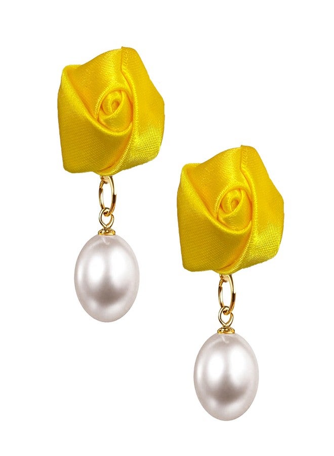 YUNXI Lightweight Fabric Rose Pearl Stud Earrings Floral Pearl Flower Studs Dainty Boho Earrings for Women (Yellow) - Image 1