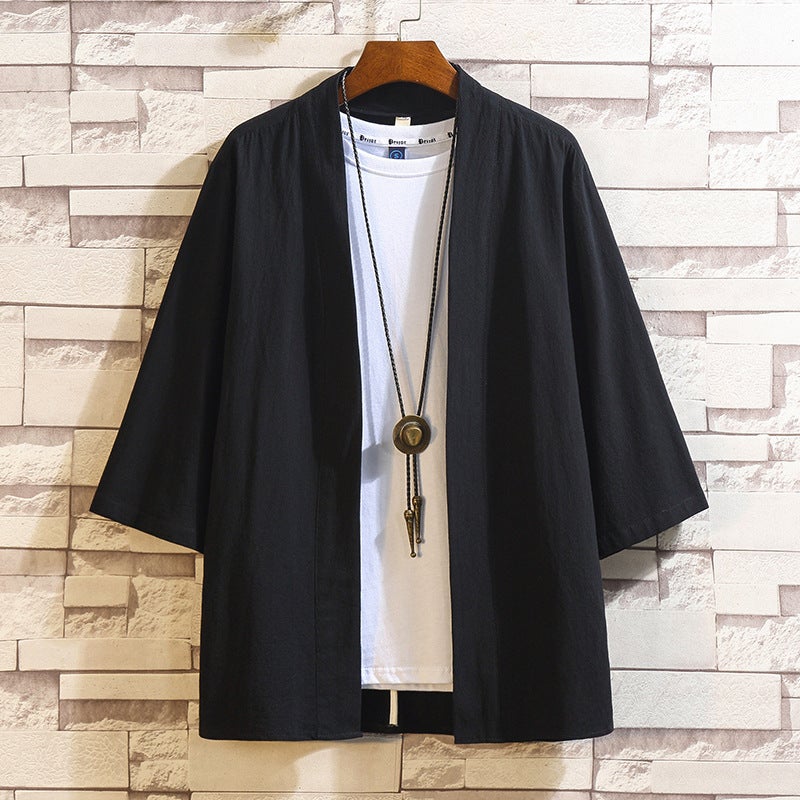 Loose Fit Mens Hanfu Cardigan Seven-Quarter Sleeve Shirt Tang Costume Style Kimono Outerwear Japanese Kimono Summer Wear Black 