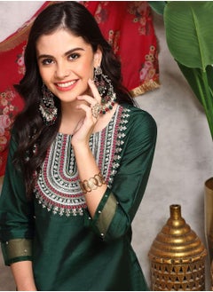 ISHIN Women's Green Silk Blend Printed Tunic Full Length Casual Regular Fit Kurta Set  - Image 1