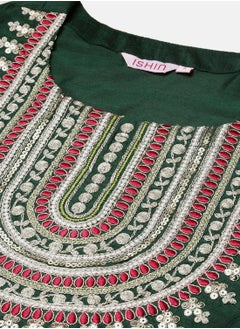 ISHIN Women's Green Silk Blend Printed Tunic Full Length Casual Regular Fit Kurta Set  - Image 3