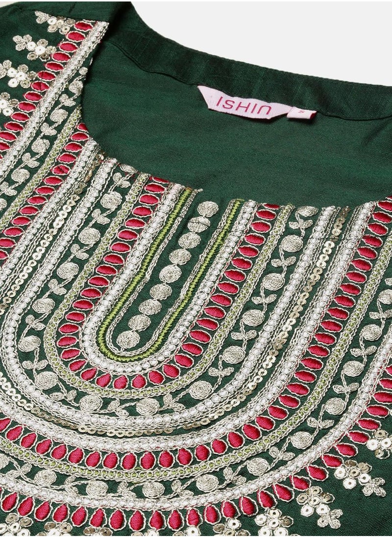 ISHIN - Women's Green Silk Blend Printed Tunic Full Length Casual Regular Fit Kurta Set - Image 1