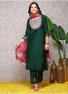 ISHIN Women's Green Silk Blend Printed Tunic Full Length Casual Regular Fit Kurta Set  - Image 5