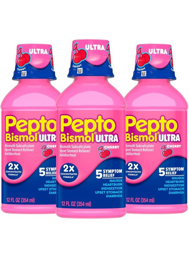 Pepto Bismol Liquid Ultra for Nausea, Heartburn, Indigestion, Upset Stomach, and Diarrhea - 5 Symptom Fast Relief, Cherry Flavor 12 oz (Pack of 3) - Image 1