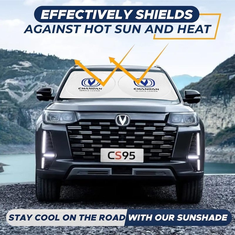 Changan Foldable Car Windshield Sunshade for Front Glass – 150 × 75 cm Reflective UV Protection Sun Shade, Heat Reduction Interior Protector with Easy Twist Fold Storage - Image 2