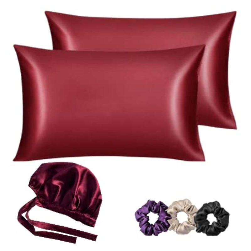Atrubes Satin Bonnet for Curly Hair with Silk Satin Pillow Covers and Scrunchies Silk Bonnet for HairBest Gift Combo Pack of 2 Satin Pillowcases 3 Silk Scrunchies Adjustable HairCap - Image 1