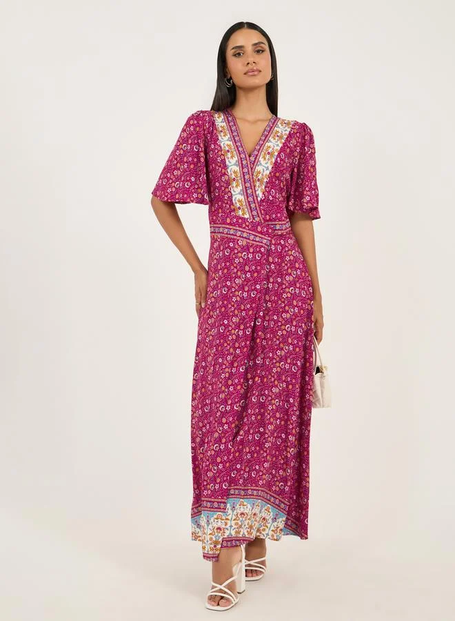 Styli Styli All Over Print V Neck Wrap Maxi Dress