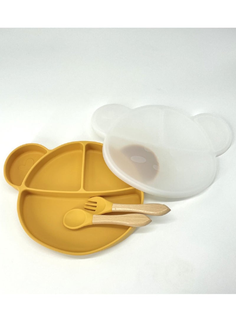 Premium Silicone Yellow Toddlers Self Eating Plate with Lid & Fork & Spoon! - Image 1