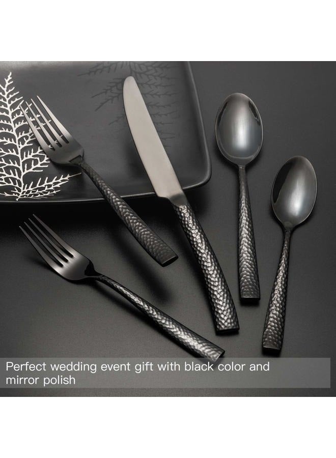 Kelenfer Silverware Set Black Flatware Set Hammered Stainless Steel Cutlery Set Mirror Finished 60 Pieces Home Faimily Use Service for 12 - Image 5