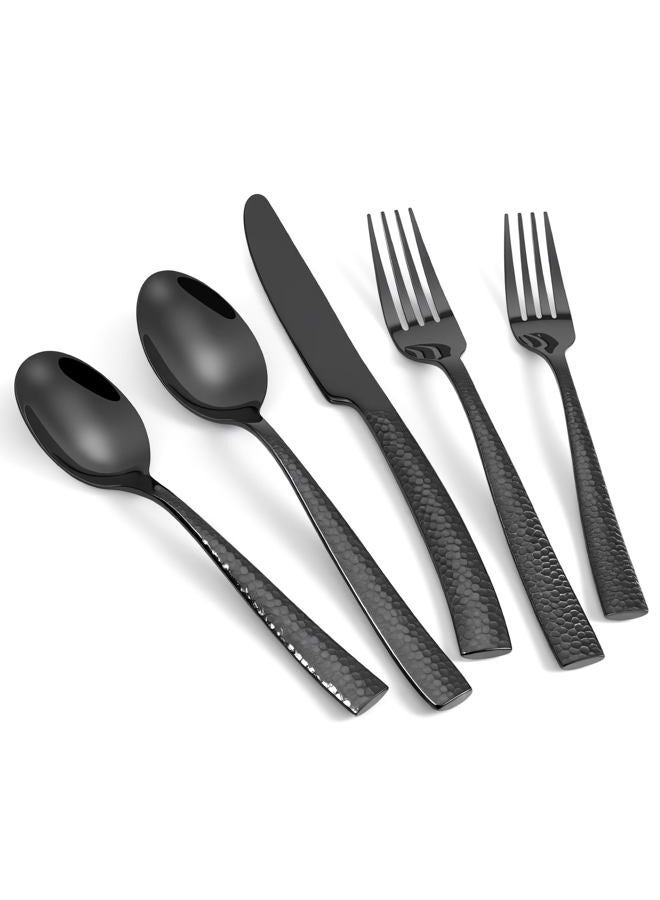 Kelenfer Silverware Set Black Flatware Set Hammered Stainless Steel Cutlery Set Mirror Finished 60 Pieces Home Faimily Use Service for 12 - Image 1