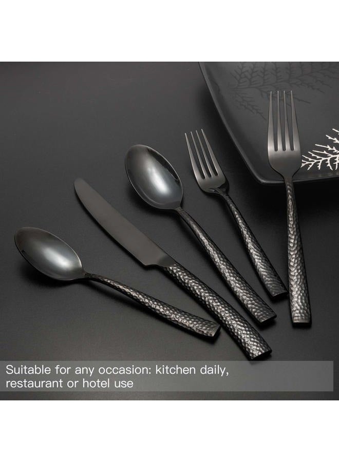Kelenfer Silverware Set Black Flatware Set Hammered Stainless Steel Cutlery Set Mirror Finished 60 Pieces Home Faimily Use Service for 12 - Image 4