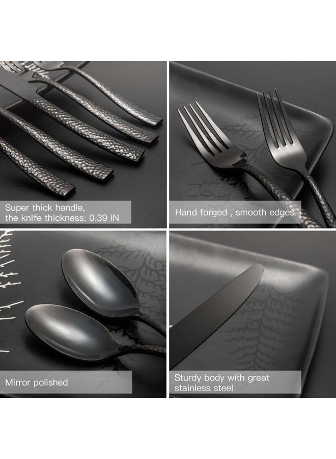 Kelenfer Silverware Set Black Flatware Set Hammered Stainless Steel Cutlery Set Mirror Finished 60 Pieces Home Faimily Use Service for 12 - Image 2
