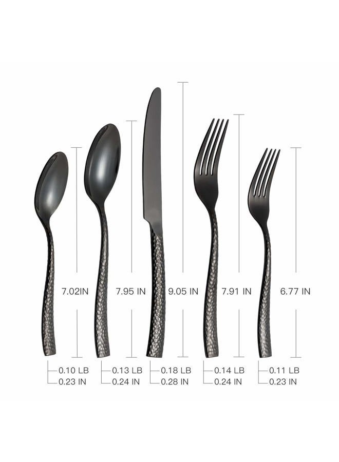 Kelenfer Silverware Set Black Flatware Set Hammered Stainless Steel Cutlery Set Mirror Finished 60 Pieces Home Faimily Use Service for 12 - Image 3