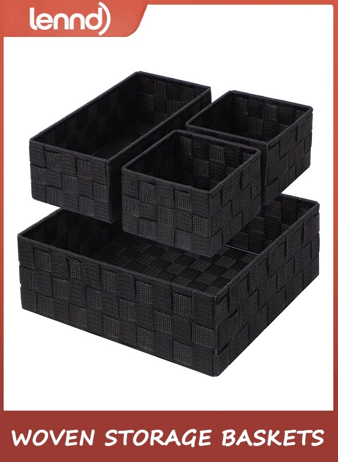 Woven Storage Baskets for Organizing, Small Black Baskets Cube Bin Container Tote Organizer Divider for Drawer, Closet, Shelf, Dresser, Set of 4