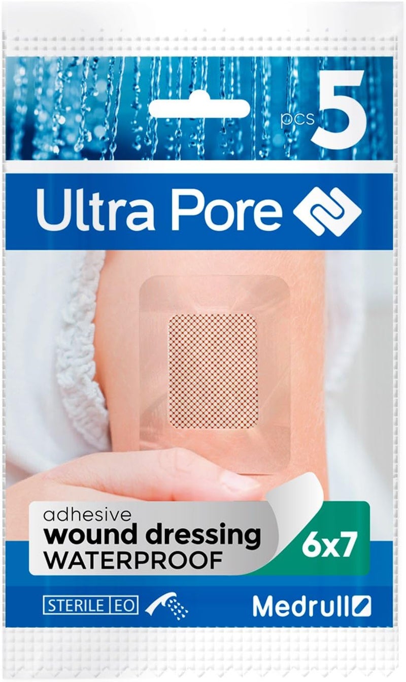 MEDRULL ULTRA PORE Transparent Waterproof Dressing - Dressing Size - 7cm x 6cm - Cotton Square Size - 4cm x 3cm - Pack of 5 Sterile Plasters - Individually Wrapped Plasters - Image 1