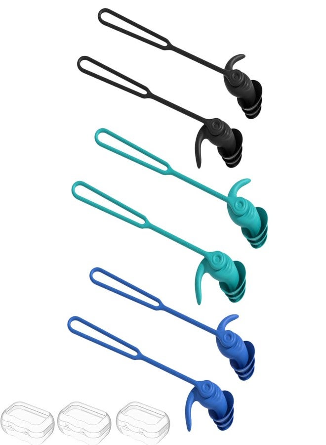 Sweylke Swimming Ear Plugs for Adults,3 Pairs Anti-Lost Waterproof Reusable Silicone Swim Earplugs for Swimming Showering Surfing Snorkeling (Black,Blue,Cyan, Adults Size) - Image 1