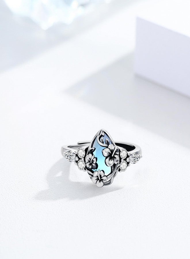 JUSTKIDSTOY Hibiscus Rings for Women 925 Sterling Silver Moonstone Flower Adjustable Open Ring Hawaiian Hibiscus Jewelry Gifts for Wife Daughter - Image 3