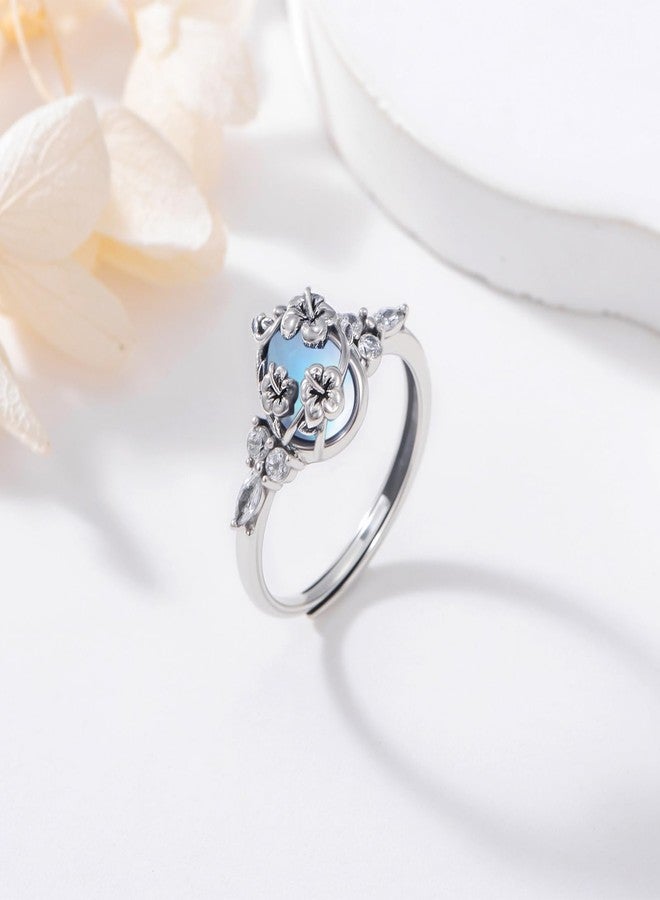 JUSTKIDSTOY Hibiscus Rings for Women 925 Sterling Silver Moonstone Flower Adjustable Open Ring Hawaiian Hibiscus Jewelry Gifts for Wife Daughter - Image 2