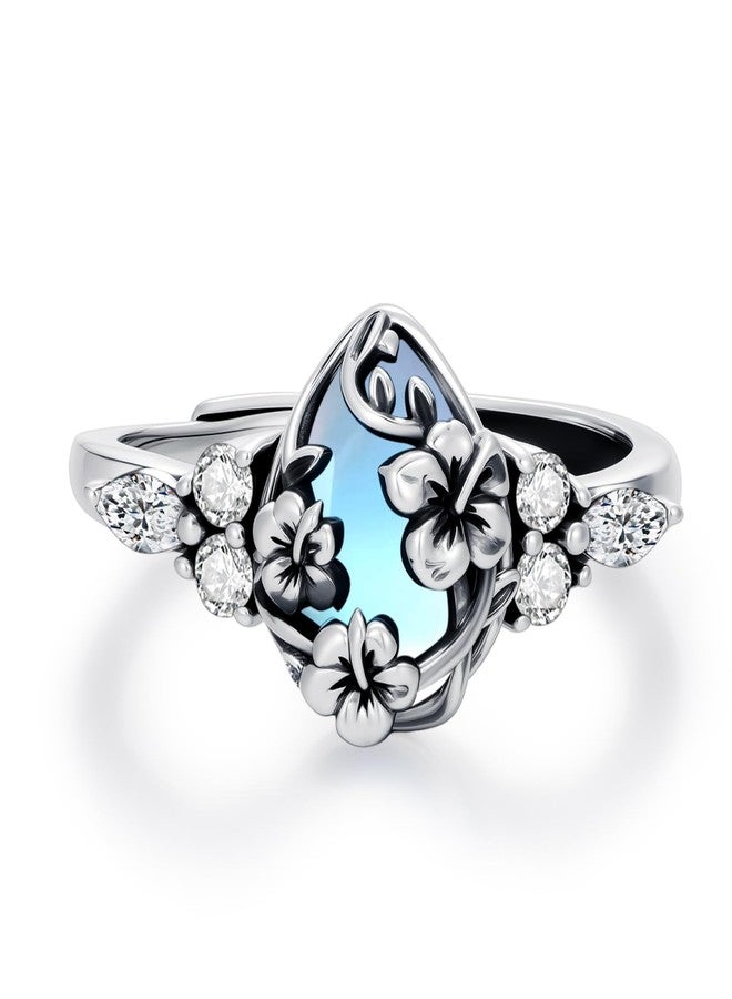JUSTKIDSTOY Hibiscus Rings for Women 925 Sterling Silver Moonstone Flower Adjustable Open Ring Hawaiian Hibiscus Jewelry Gifts for Wife Daughter - Image 1
