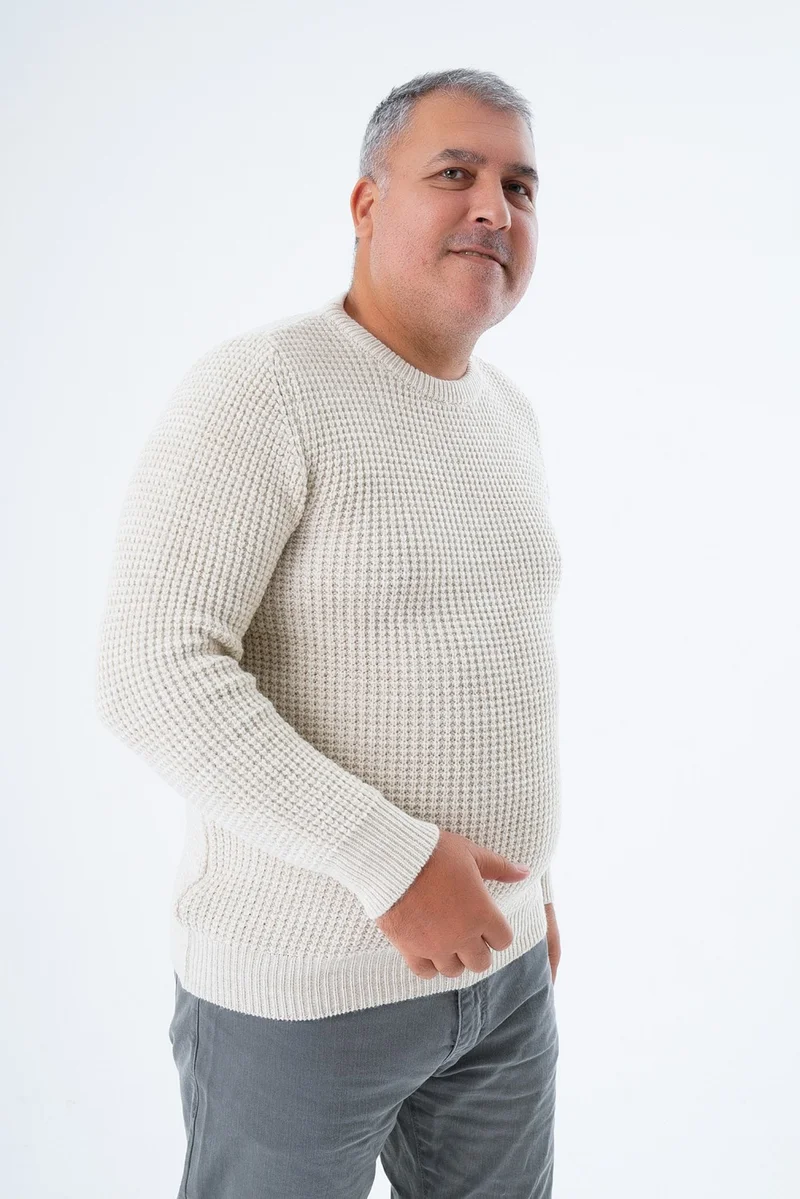 Trist Star Large Size Men's Beige Selanik Knitted Crew Neck Knitwear Wool Sweater TRIST-2116