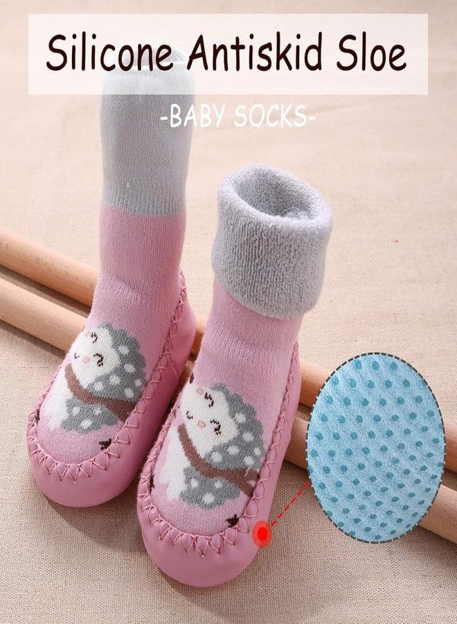 CHACKO Baby Socks 3 Pairs Non-Slip Floor Socks Boys Girls Cotton First Walking Shoes Medium Tube Baby Socks Autumn Winter Cartoon Crawling Socks 0-3 Years_Multicolor4,0-6 Months - Image 4