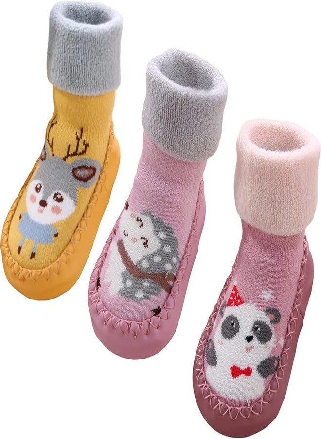 CHACKO Baby Socks 3 Pairs Non-Slip Floor Socks Boys Girls Cotton First Walking Shoes Medium Tube Baby Socks Autumn Winter Cartoon Crawling Socks 0-3 Years_Multicolor4,0-6 Months - Image 1