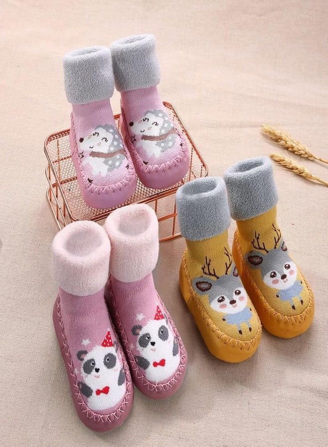CHACKO Baby Socks 3 Pairs Non-Slip Floor Socks Boys Girls Cotton First Walking Shoes Medium Tube Baby Socks Autumn Winter Cartoon Crawling Socks 0-3 Years_Multicolor4,0-6 Months - Image 5