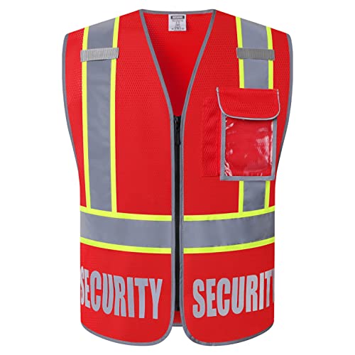 HATAUNKI Security Vest for Men Women Reflective Safety Vest with 5 Pockets and Front Zipper Mesh High Visibility Vest Meets ANSI/ISEA 107-2015 Standards (Red-22, Small) - Image 1