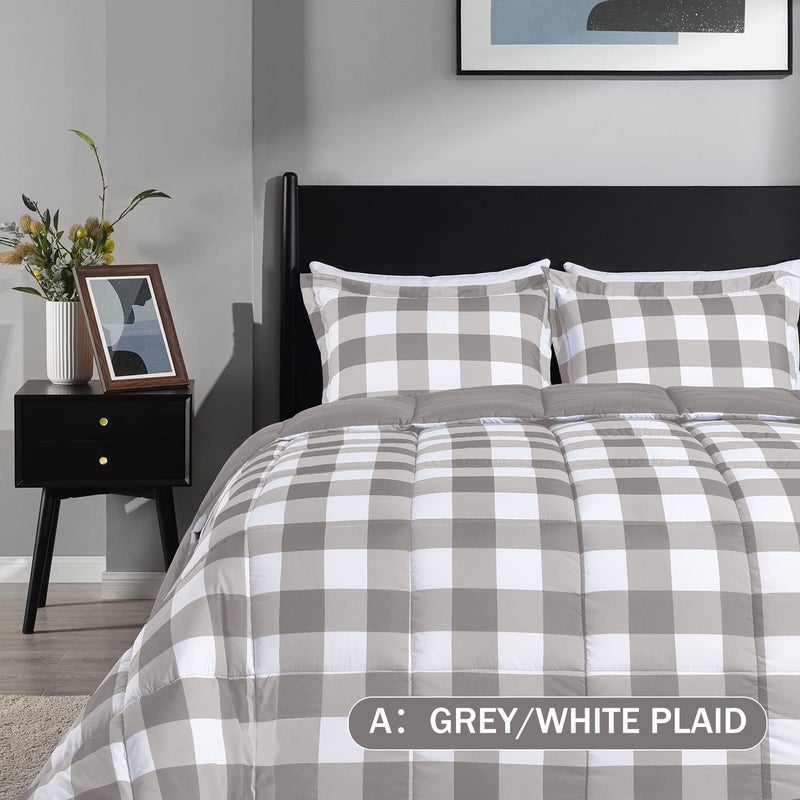 downluxe Lightweight Plaid Comforter Set (Queen) with 2 Pillow Sham - 3-Piece Set - Grey/White Plaid - Down Alternative Reversible Comforter - Image 2