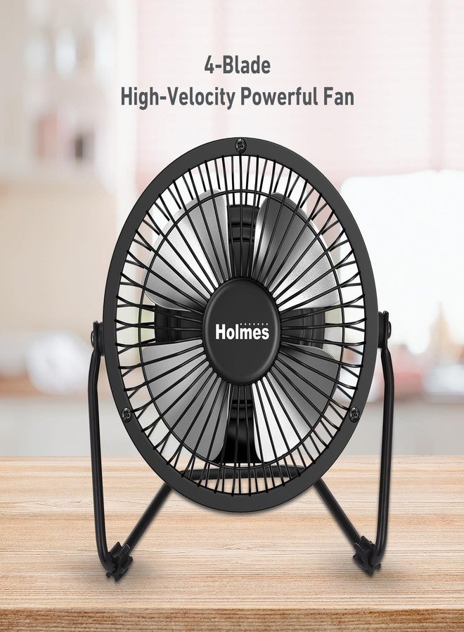 HOLMES 4" Mini High-Velocity Personal Desk Fan, 4 Blades, Adjustable 360° Head Tilt, Durable Metal Construction, Single Speed, Ideal for Home, Dorm Rooms, Bedrooms, or Offices, Black - Image 2