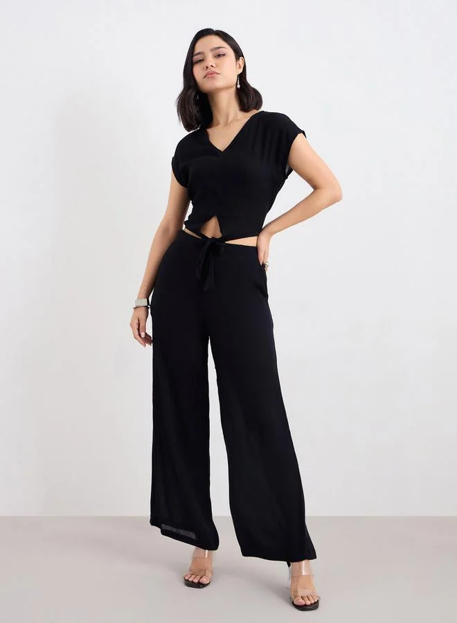 ستايلي Styli Black Front Knot Crop Top and Pants Co-Ords