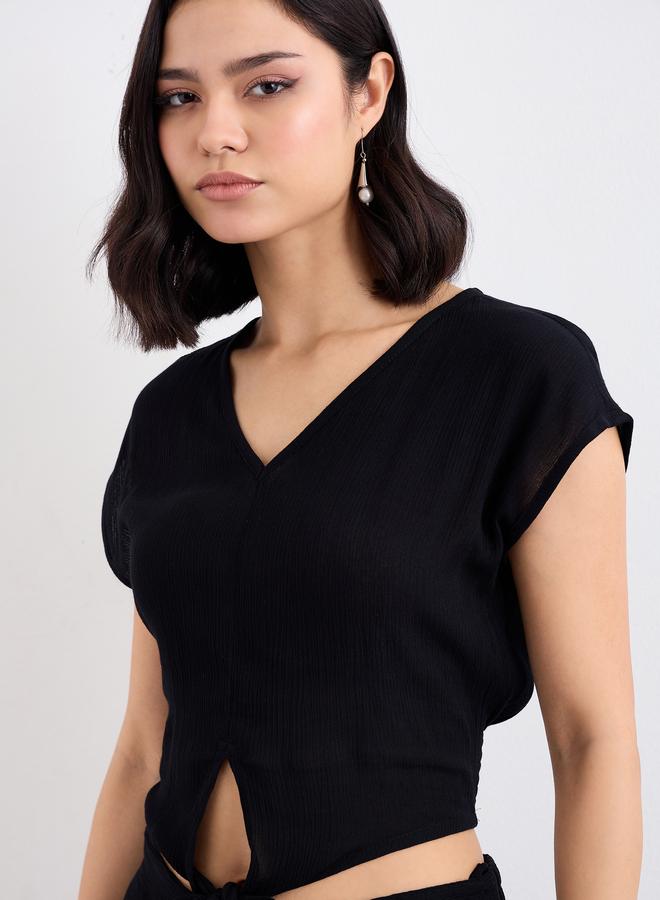 ستايلي طقم كروب توب وبنطلون بعقدة أمامية أسود - Image 3