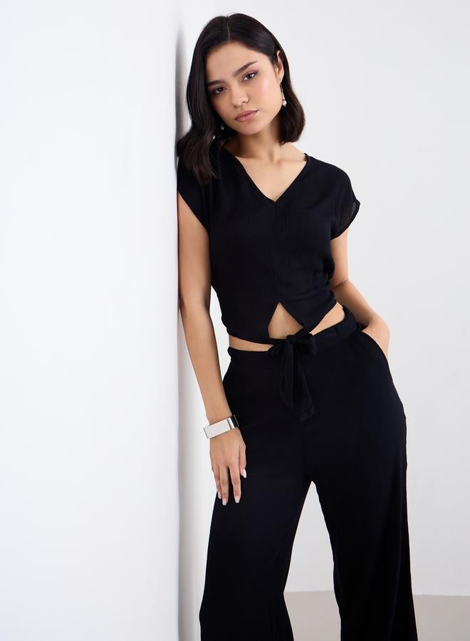 ستايلي طقم كروب توب وبنطلون بعقدة أمامية أسود - Image 5