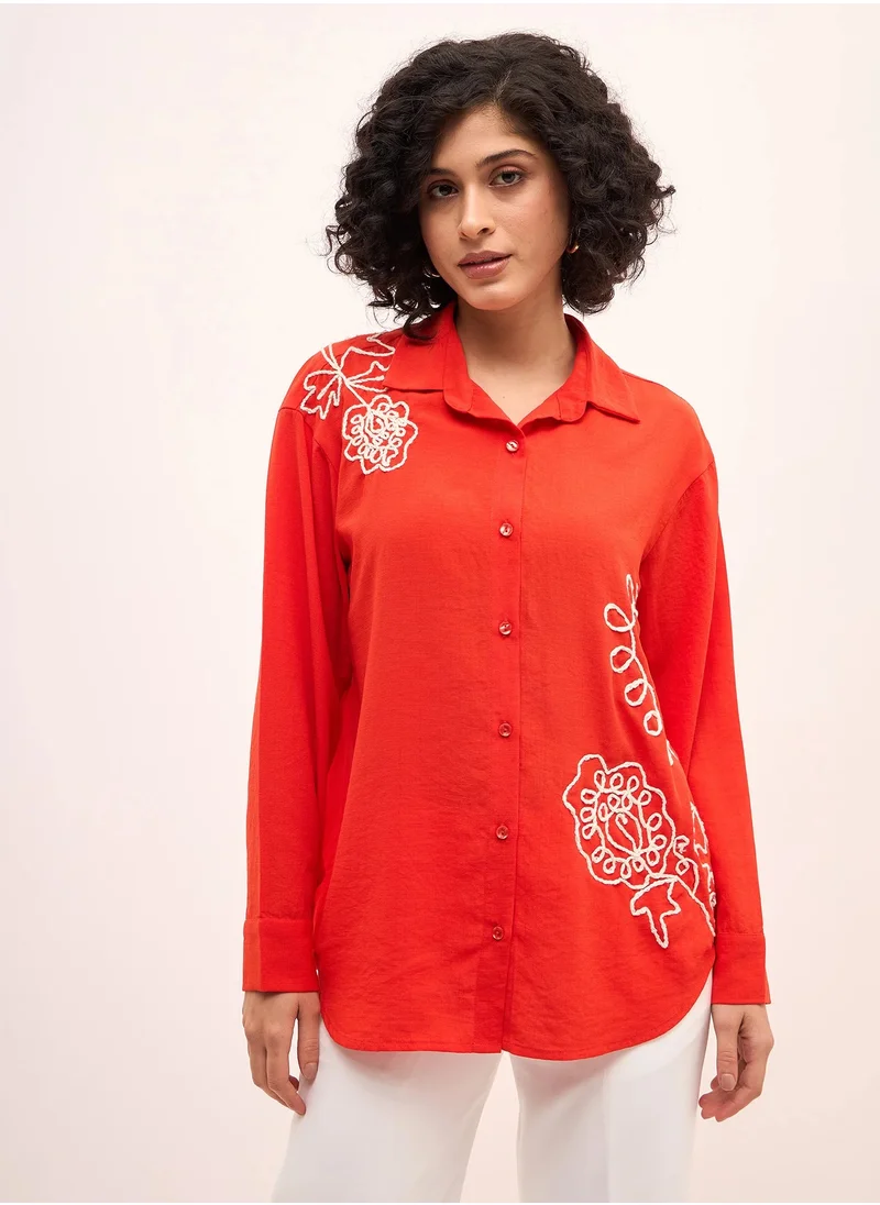 Salt Attire Salt Attire Women's Tangerine & White Embroidered Shirt | Button-Down Collared Top with Cuffed Full-Length Sleeves & Dropped Shoulders | Elegant Casual Shirt for Versatile Styling