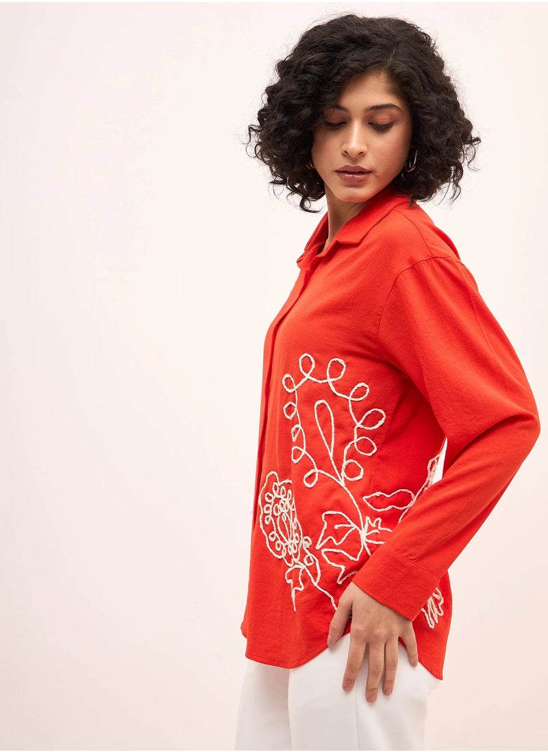 Salt Attire Women's Tangerine & White Embroidered Shirt | Button-Down Collared Top with Cuffed Full-Length Sleeves & Dropped Shoulders | Elegant Casual Shirt for Versatile Styling  - Image 3