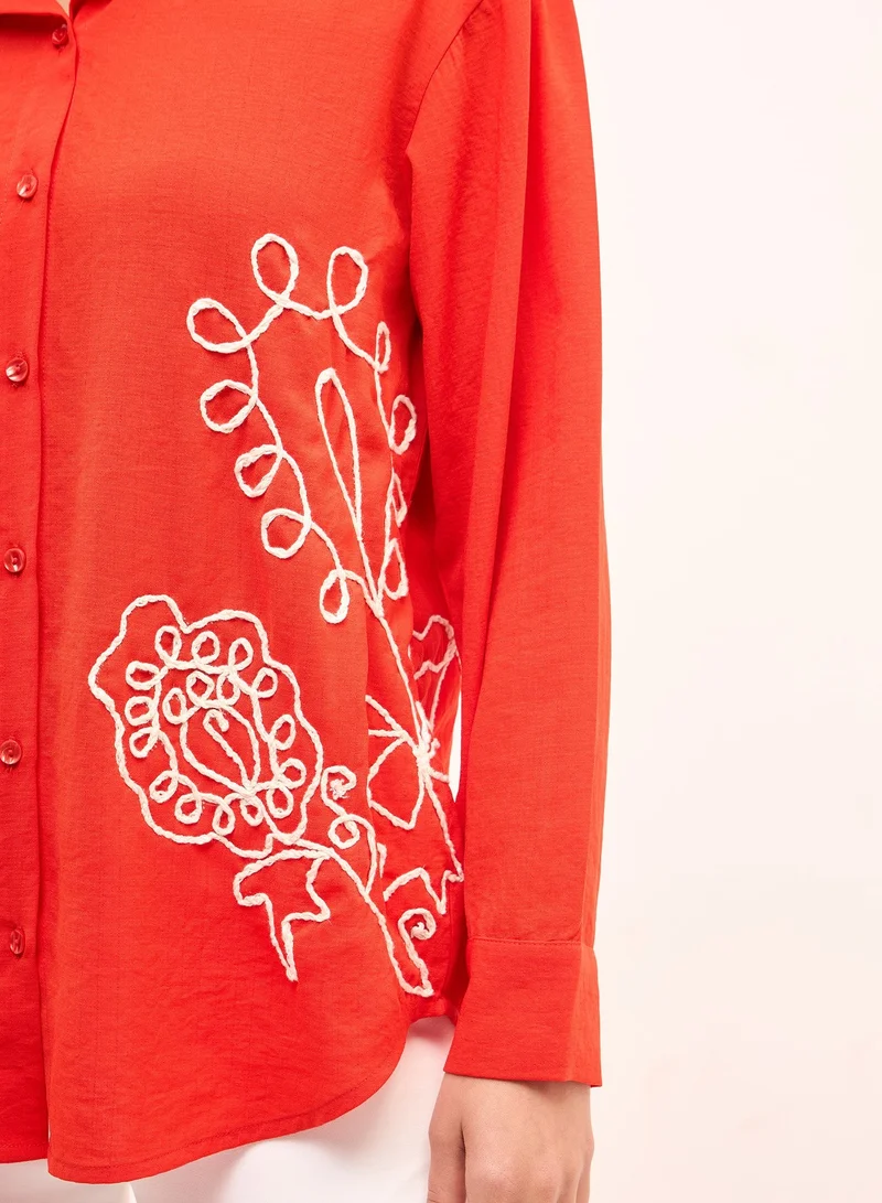 Salt Attire Women's Tangerine & White Embroidered Shirt | Button-Down Collared Top with Cuffed Full-Length Sleeves & Dropped Shoulders | Elegant Casual Shirt for Versatile Styling