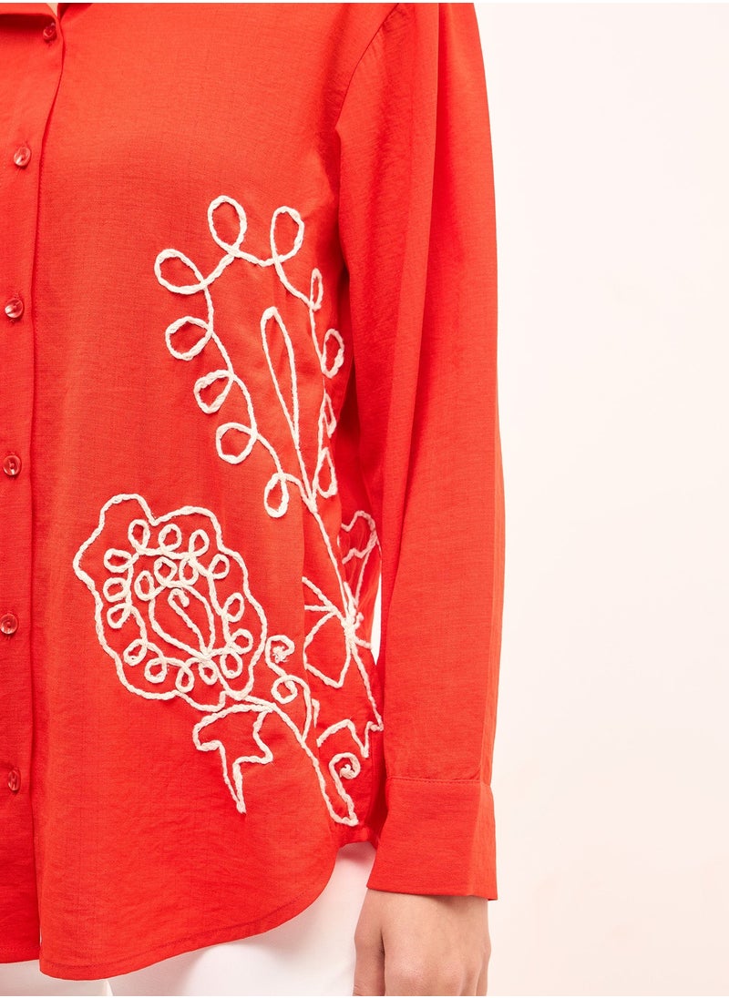 Salt Attire Women's Tangerine & White Embroidered Shirt | Button-Down Collared Top with Cuffed Full-Length Sleeves & Dropped Shoulders | Elegant Casual Shirt for Versatile Styling  - Image 4