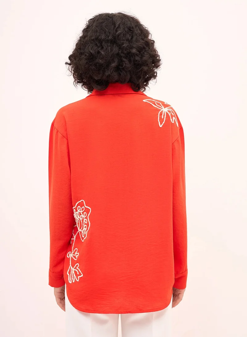 Salt Attire Women's Tangerine & White Embroidered Shirt | Button-Down Collared Top with Cuffed Full-Length Sleeves & Dropped Shoulders | Elegant Casual Shirt for Versatile Styling