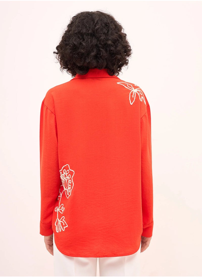 Salt Attire Women's Tangerine & White Embroidered Shirt | Button-Down Collared Top with Cuffed Full-Length Sleeves & Dropped Shoulders | Elegant Casual Shirt for Versatile Styling  - Image 5