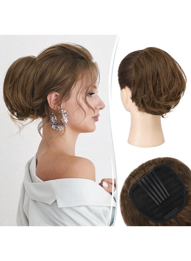 RUWISS Real Human Hair Bun Short Drawstring Ponytail Hair Pieces for Women, Natural Straight Updo Bun Comb Clip in Ponytail Extension for Women, Medium Brown - Image 1