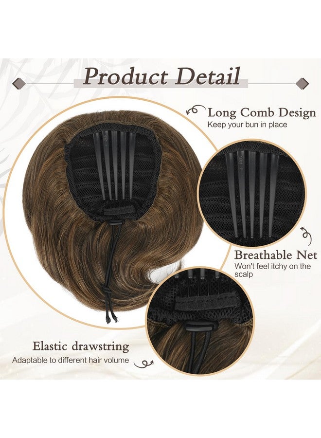 RUWISS Real Human Hair Bun Short Drawstring Ponytail Hair Pieces for Women, Natural Straight Updo Bun Comb Clip in Ponytail Extension for Women, Medium Brown - Image 3