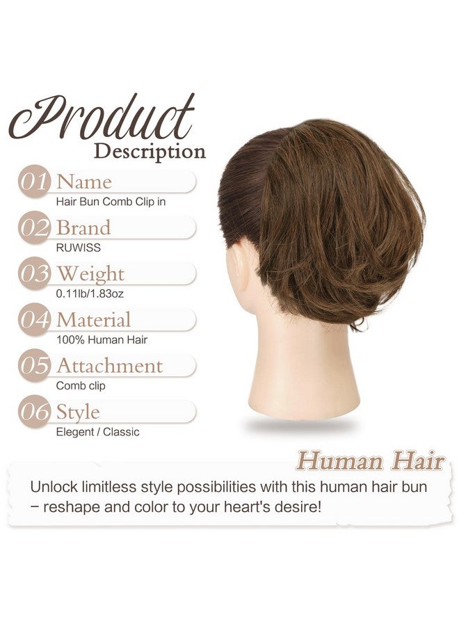 RUWISS Real Human Hair Bun Short Drawstring Ponytail Hair Pieces for Women, Natural Straight Updo Bun Comb Clip in Ponytail Extension for Women, Medium Brown - Image 2