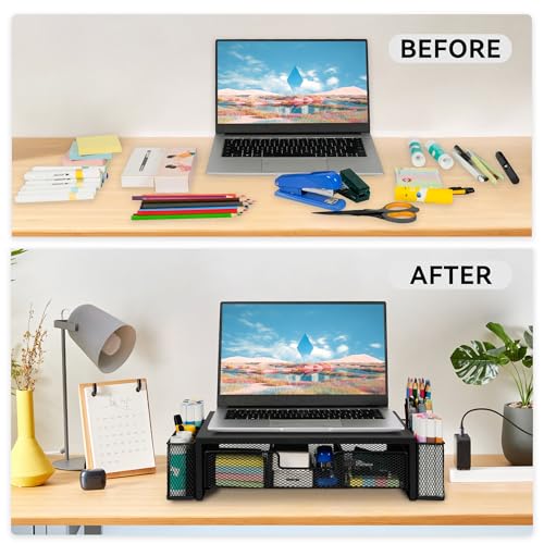 Qupui Computer Monitor Stand Riser with Drawer and Pen Holders, Desk Organizer Shelf and Accessories, Office Desk Accessories, Office Organization, Black - Image 3