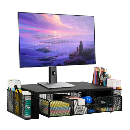 Qupui Computer Monitor Stand Riser with Drawer and Pen Holders, Desk Organizer Shelf and Accessories, Office Desk Accessories, Office Organization, Black - Image 1